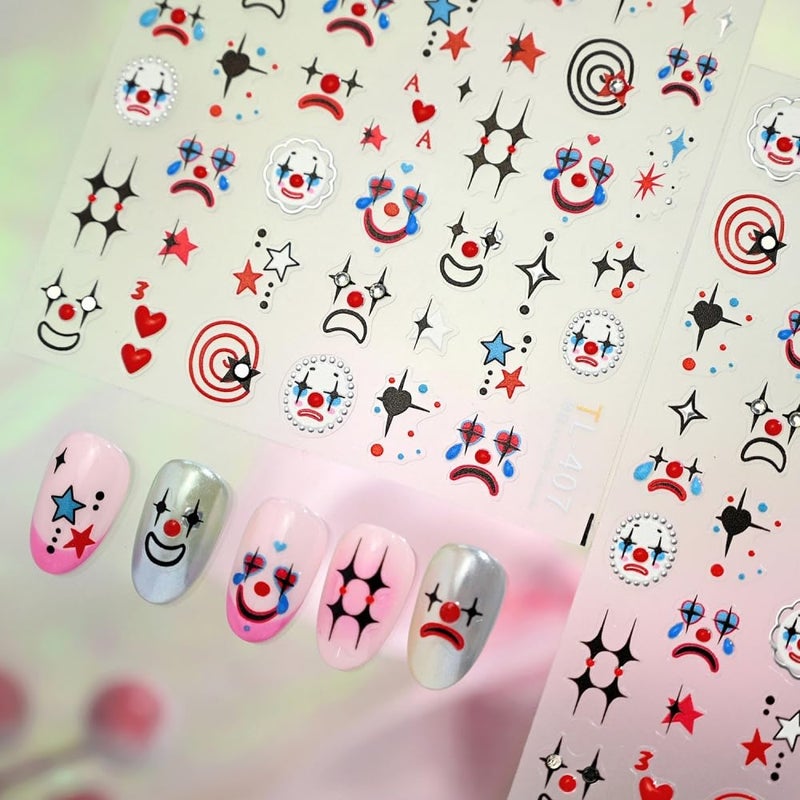 Sevgob Halloween Nail Stickers 5D Embossed Clown Nail Art Stickers 3D Self Adhesive Red Blue Black Gothic Nail Decals Star Hearts Nails Design Funny Face Nails Supplies for Women Girls 1 Sheet - Image 3